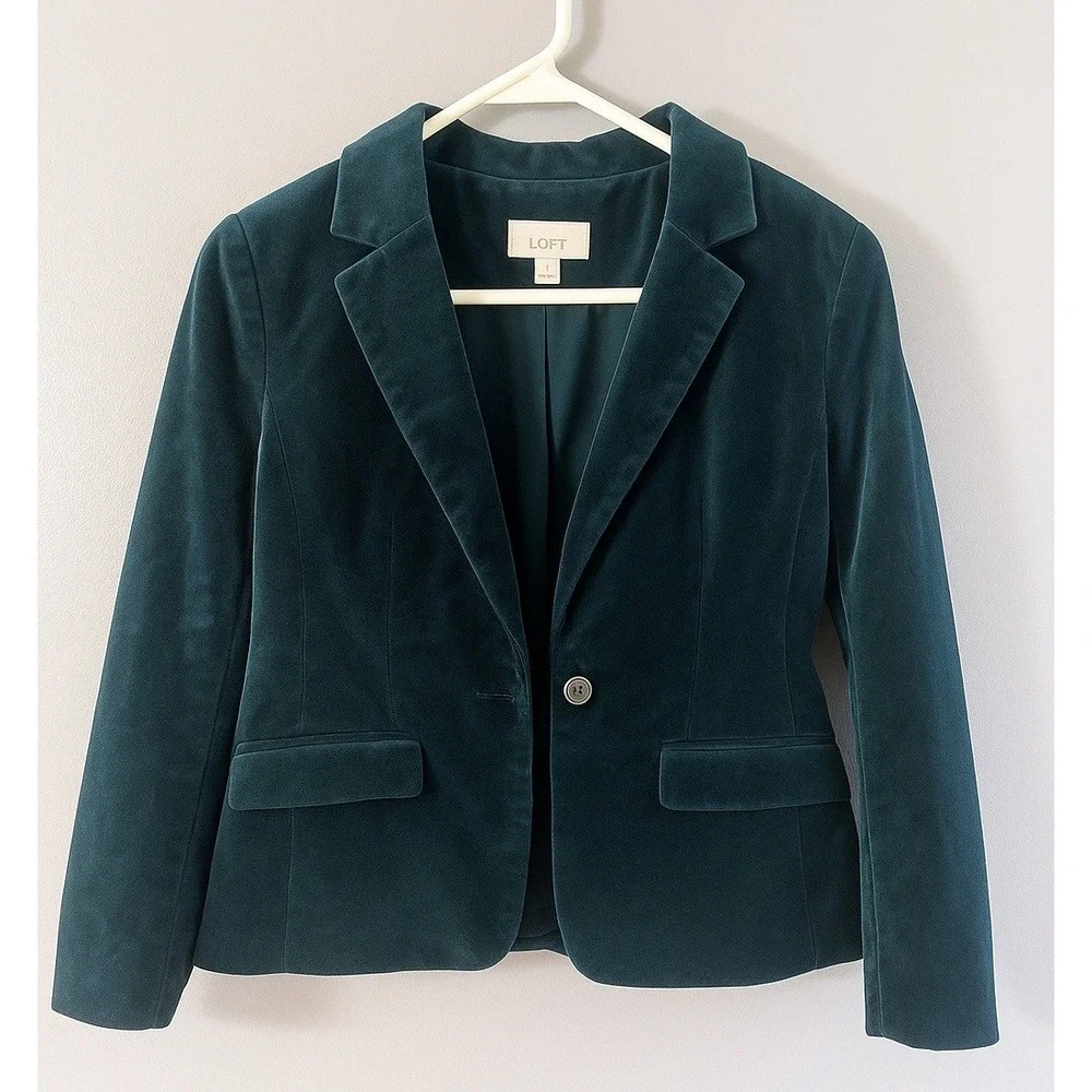 LOFT Women's 2 Teal Velvet Blazer Jacket Fitted Tailored Holiday Party Chic - Picture 1 of 8